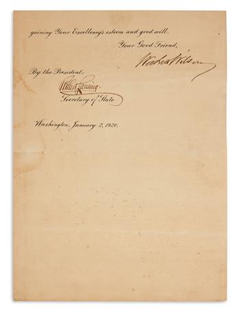 WILSON, WOODROW. Letter Signed, as President, to President of the Republic of Cuba Mario García Menocal,